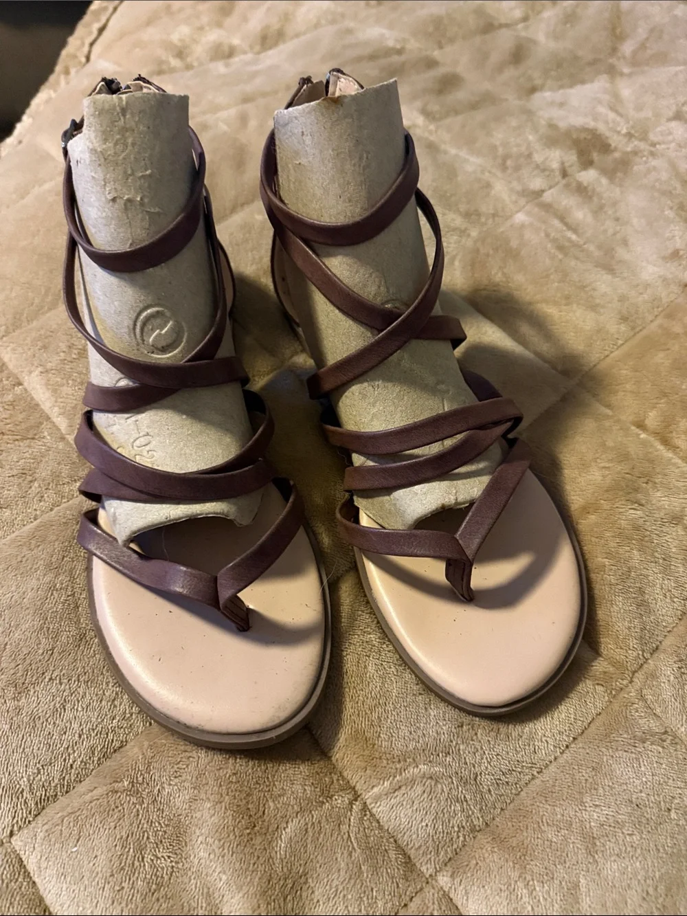 Journee Collection Brown Strappy Wrap Sandals with Nude Footbed